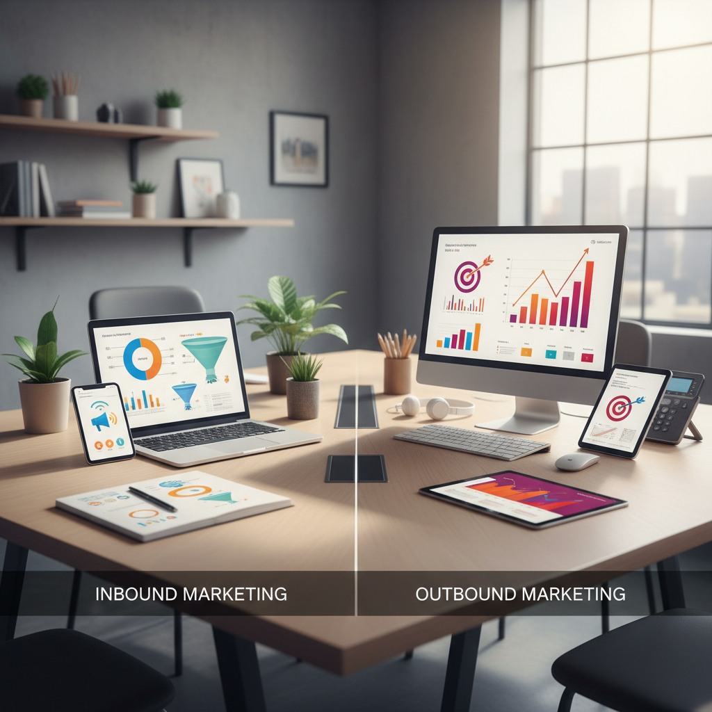 Infográfico comparativo entre as metodologias de inbound marketing e outbound marketing.