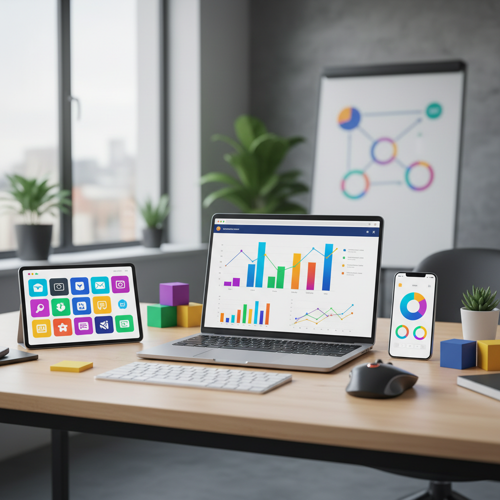Mãos de um profissional operando um notebook com gráficos de marketing digital e ícones de produtividade flutuando ao redor.
