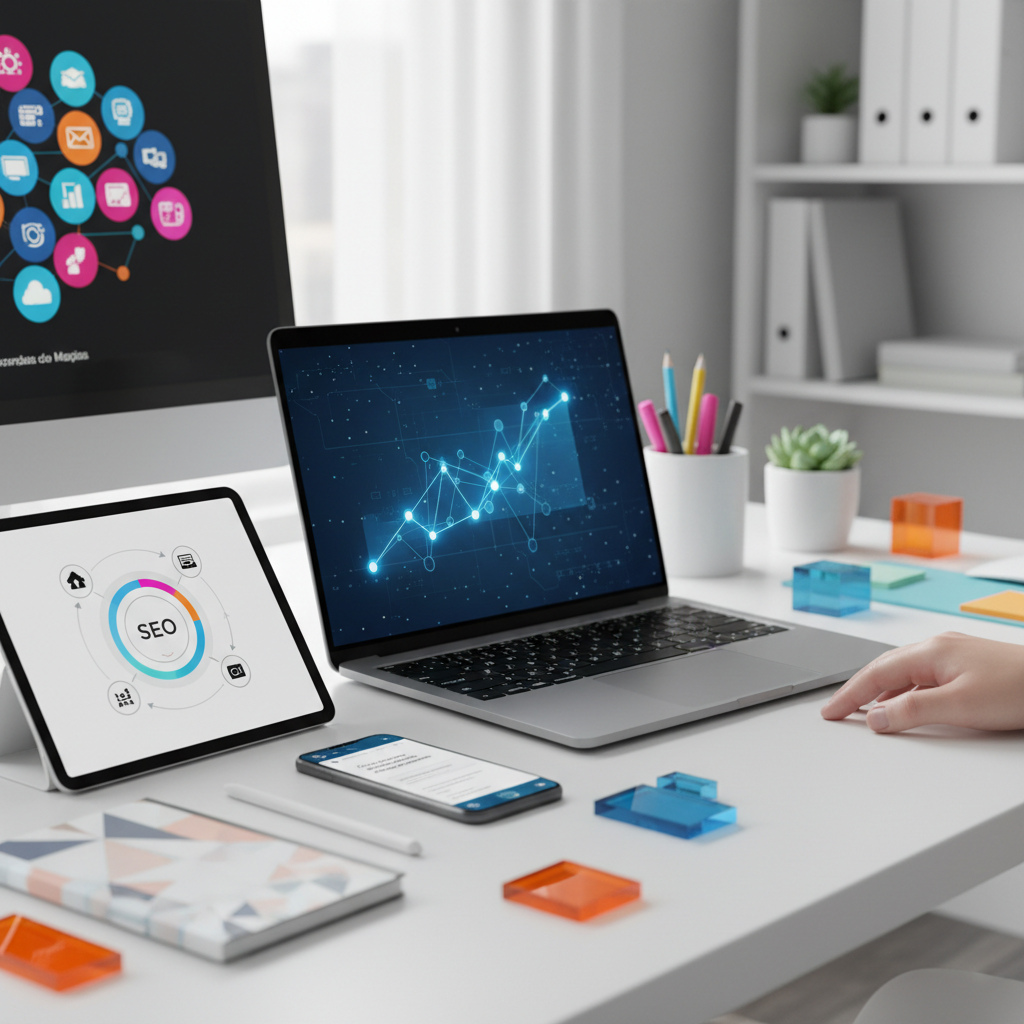 Empreendedor em escritório analisando gráficos de marketing digital em um notebook de última geração.