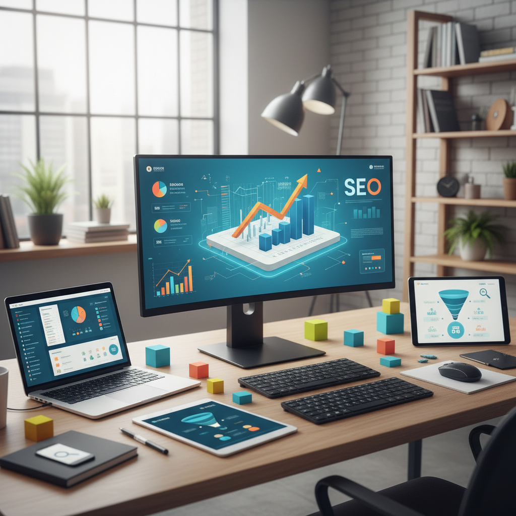 Homem analisando gráficos de crescimento de tráfego orgânico e SEO em um monitor moderno.