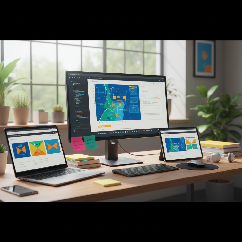 Empresário analisando o layout de um site profissional em um notebook sobre uma mesa de escritório moderna.